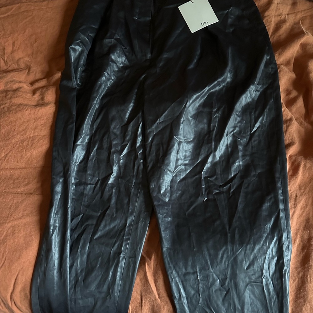 Tibi Navy Leather-Style Pants
